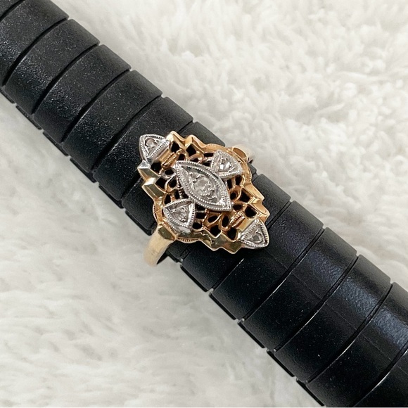 Vintage 14K Solid Gold Filigree Diamond Navette Ring Art Deco Revival Sz 4.75 - Picture 5 of 15